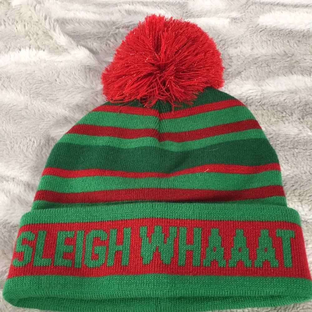 Slay Whaaat Red and green pom Christmas graphic beanie